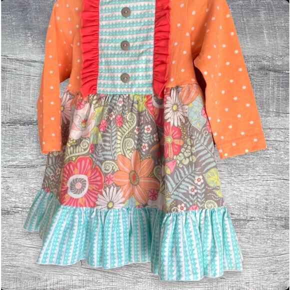 Ricrac & Ruffles Mixed Pattern Long Sleeve Cotton Dress 2T Tiered Twirling Skirt - Picture 2 of 8